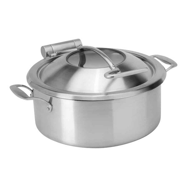 A silver stainless steel Rosseto Home Style round chafer pot with a lid.