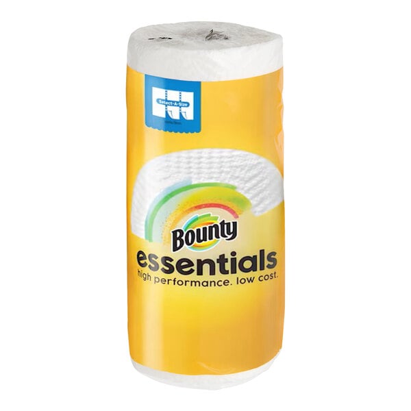 A single roll of Bounty Essentials 2-ply select-a-size paper towels in yellow packaging.