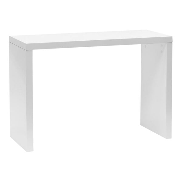 A glossy white rectangular display table with black legs.