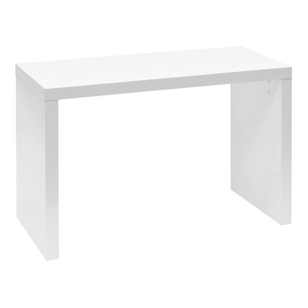 A glossy white rectangular display table with legs.