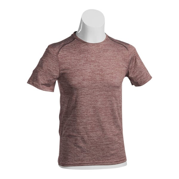 A glossy white plastic male half body torso mannequin with a red shirt on it.