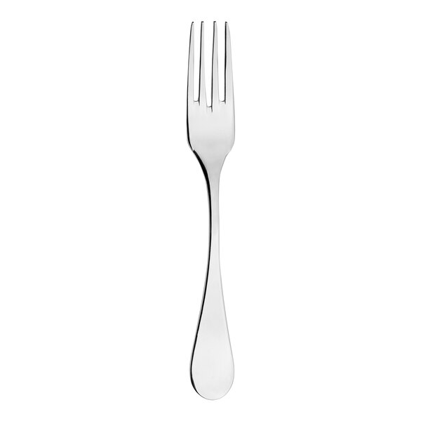 A close-up of a WNK Java stainless steel salad/dessert fork with a white handle.