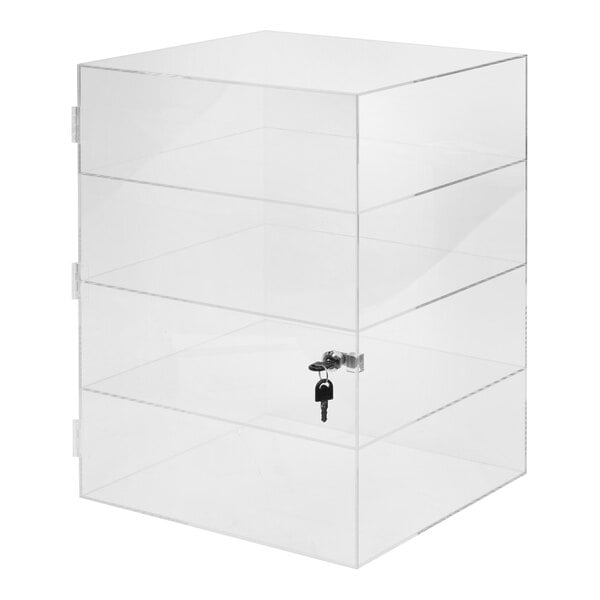 A 15" x 15" x 21" clear acrylic 4-shelf locking countertop display case.