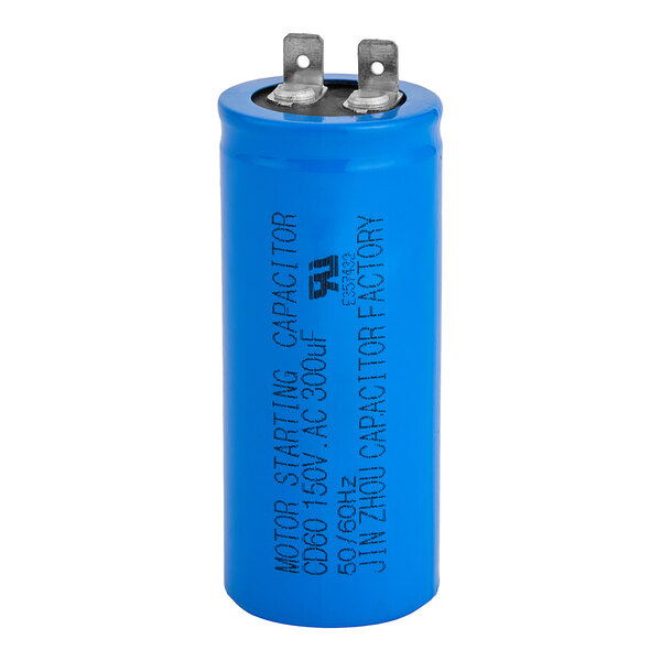 An Avantco start capacitor with blue casing and metal rods.