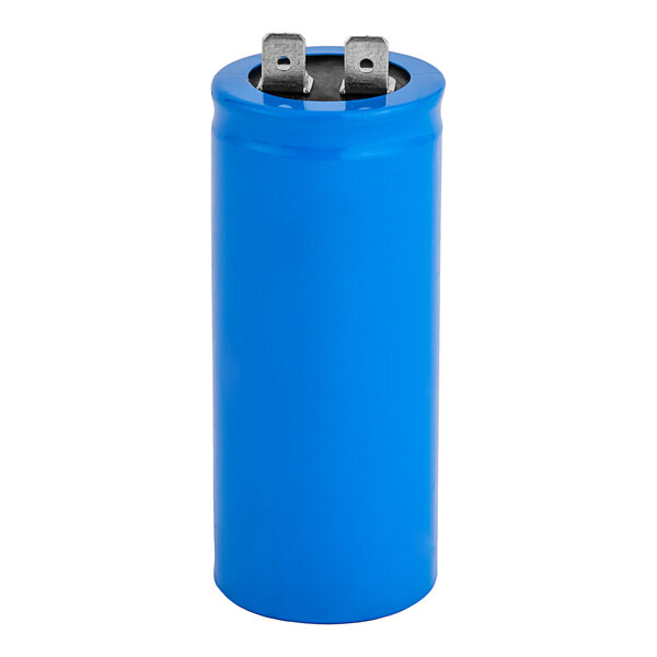 A blue cylindrical Avantco start capacitor with metal terminals.
