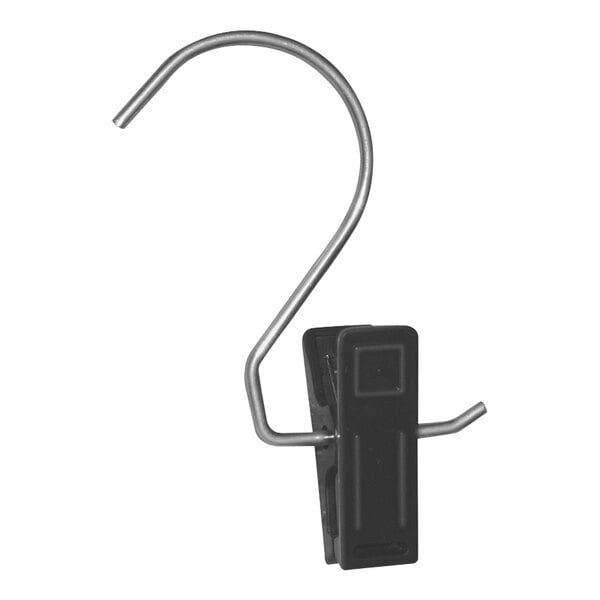 A black S-hook with a black plastic clip.