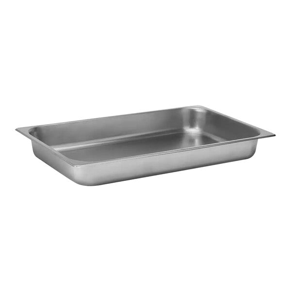 A Rosseto stainless steel rectangular steam pan on a counter.