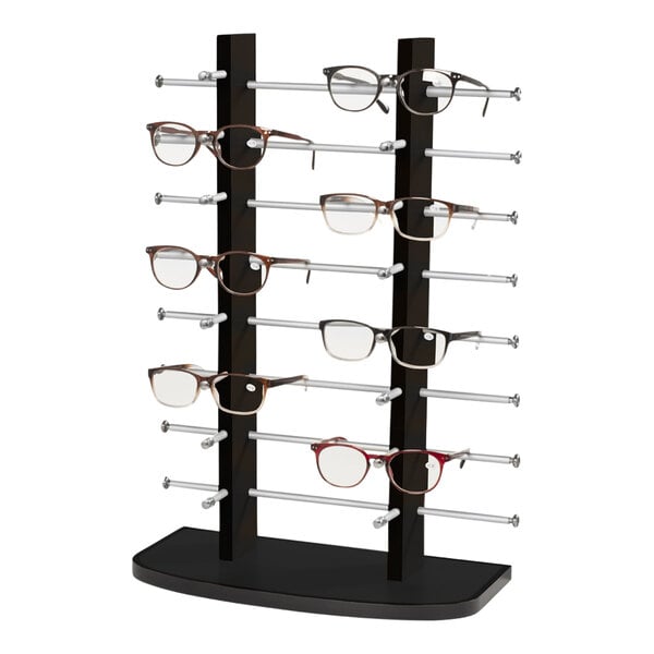 A black countertop eyewear display stand with glasses on it.