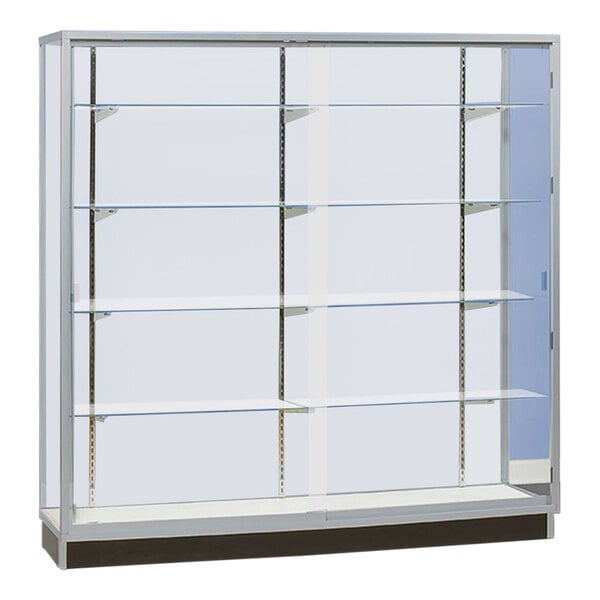 A 60" x 20" x 72" Glass 4-Shelf Display Showcase with Sliding Glass Doors and White Wood Back.