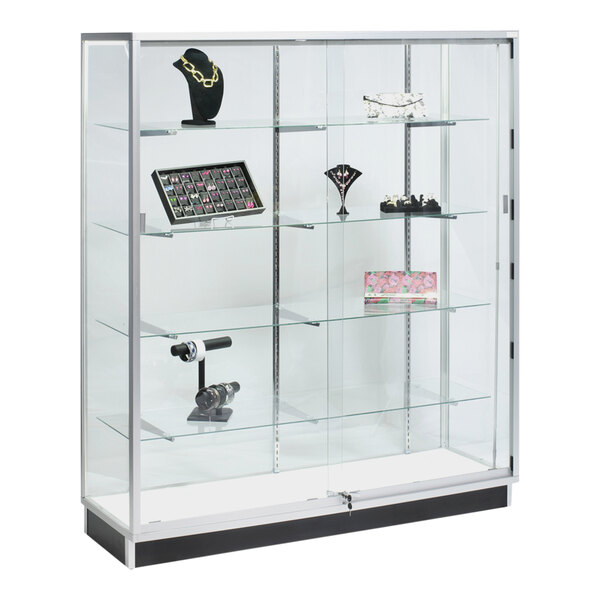 A 60" x 20" x 72" glass display showcase with white wood back and sliding glass doors displaying various jewelry items.