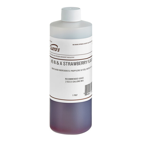 A white bottle of Lloyd's of Pennsylvania Strawberry Hard Serve Ice Cream Flavoring with a white label and black text.
