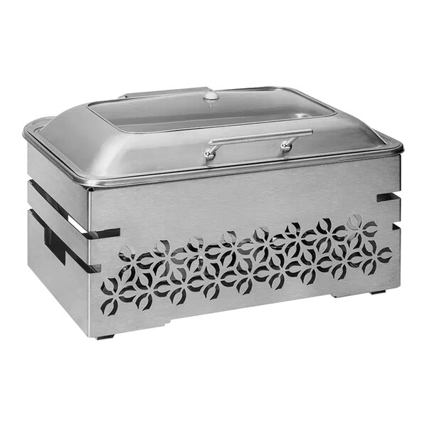A silver rectangular stainless steel chafer with a lid.