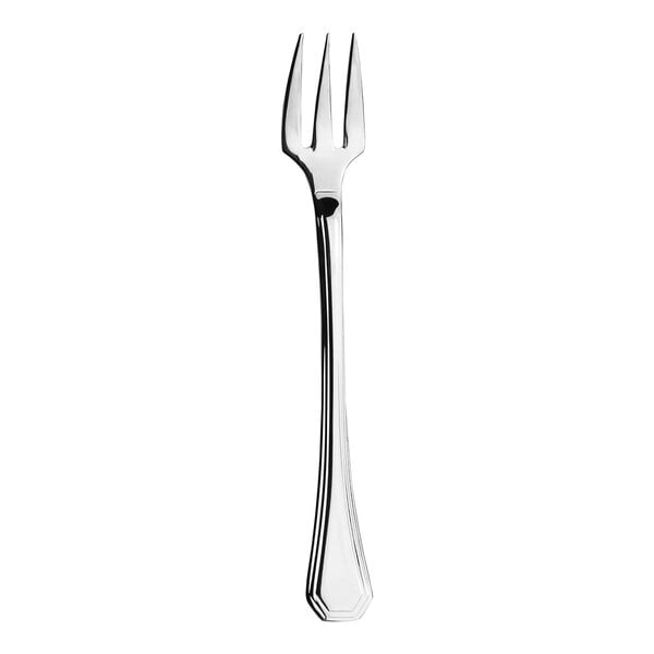 A close-up of a silver WNK Deluxe Stainless Steel Oyster/Cocktail Fork with a white handle.