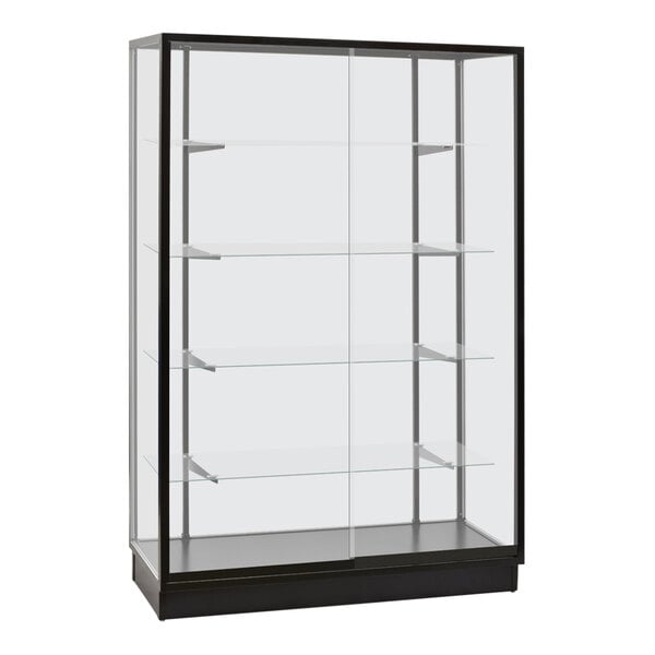 A glass display showcase with black aluminum frame and shelves.