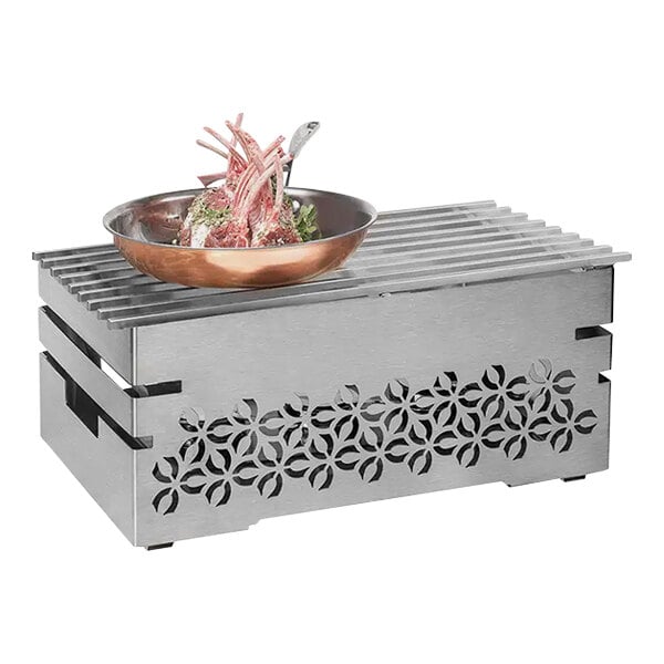 A Rosseto stainless steel warmer kit with a bowl of meat in it on a metal stand.