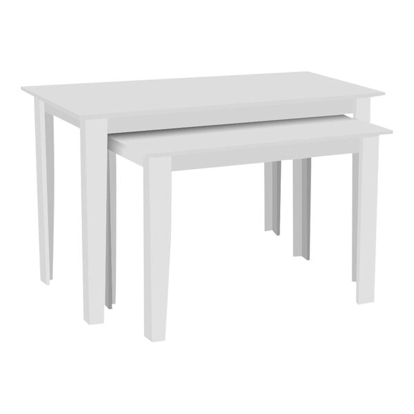 A white rectangular laminate wood table with two legs.