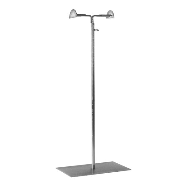 A long thin metal pole with adjustable height and two metal arms for displaying purses.