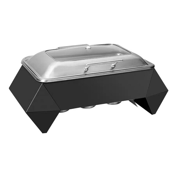 A Rosseto black stainless steel chafer with a soft closing lid on a counter.