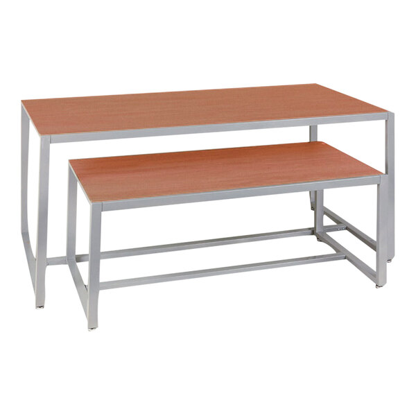 A 2-piece retail display table set with metal legs and cherry wood melamine tops.