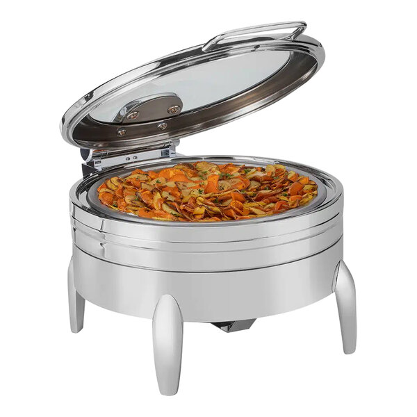 A Rosseto stainless steel round chafing dish with food and a glass lid.