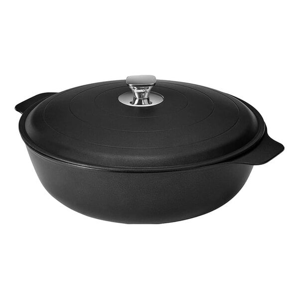 A black round Rosseto Cooklite cast aluminum casserole dish with a lid.