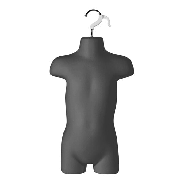 A black plastic infant mannequin with a white hanging hook.