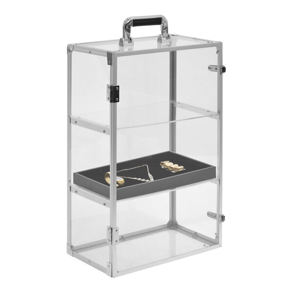 A clear acrylic portable countertop display case with two shelves holding a group of necklaces.