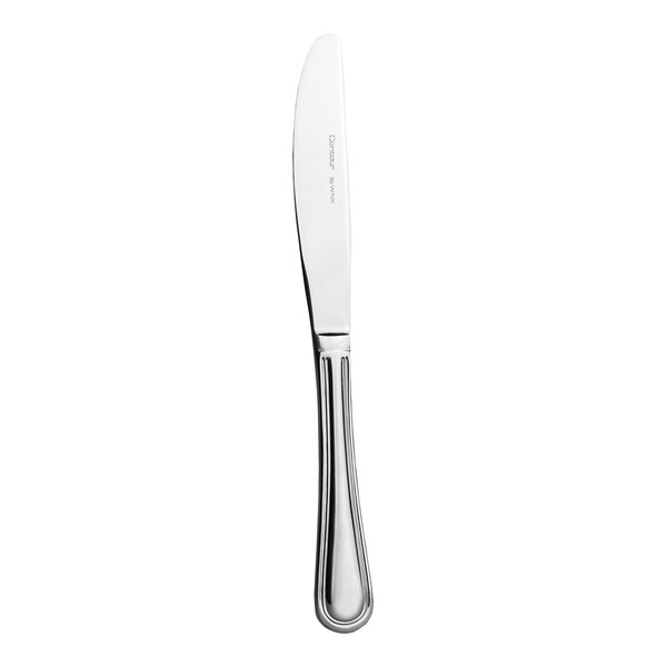 A silver knife with a white handle.