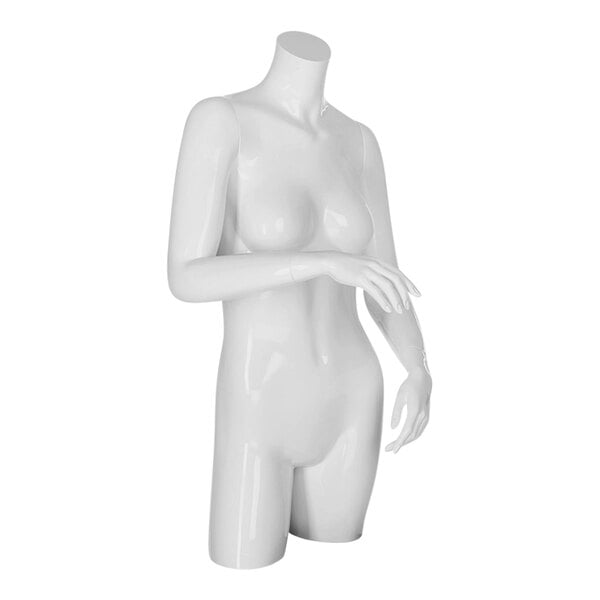 A glossy white plastic female mannequin with removable arms and folded hands.