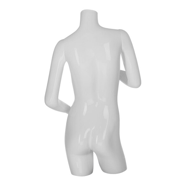 A glossy white plastic female mannequin with removable arms and hands on hips.