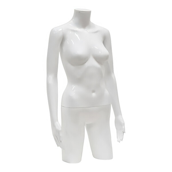 A glossy white plastic female 3/4 body torso mannequin with removable arms.