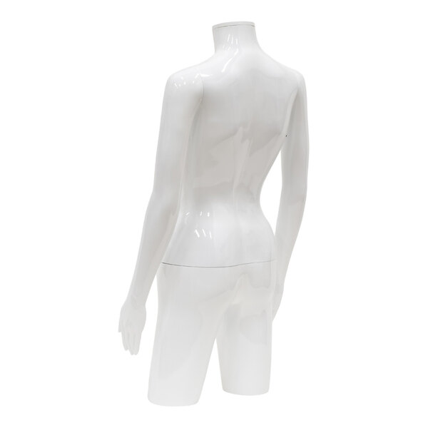 A glossy white plastic female 3/4 body torso mannequin with removable arms.