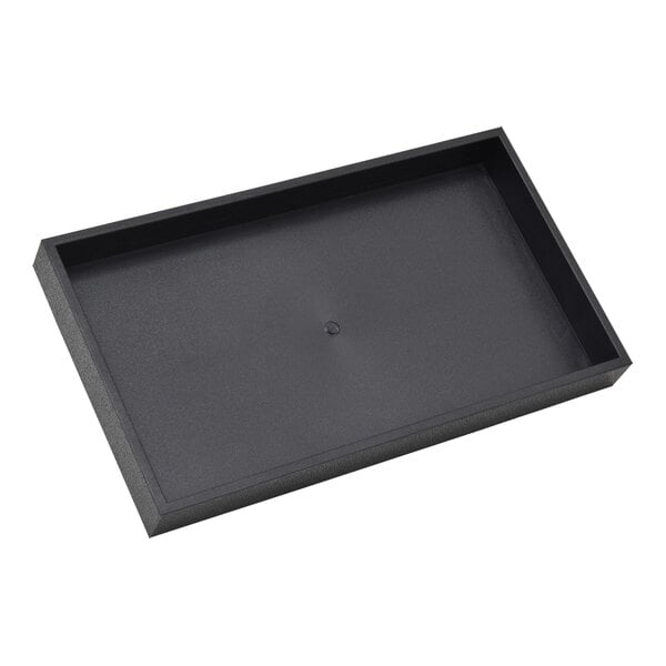 A black rectangular plastic jewelry tray with sections inside.