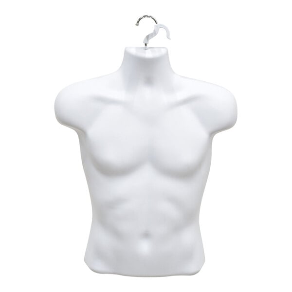 A white plastic male upper torso half mannequin with a hanging hook.