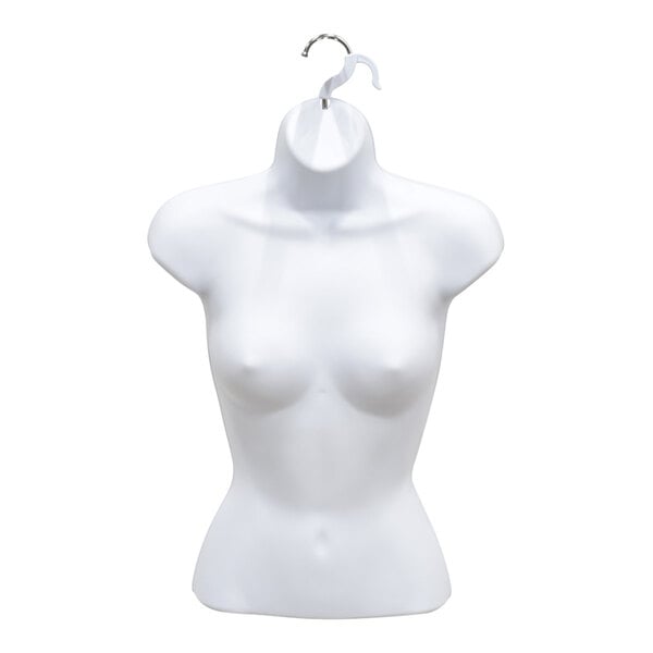 A white plastic female upper torso half form mannequin with a metal hanging hook.