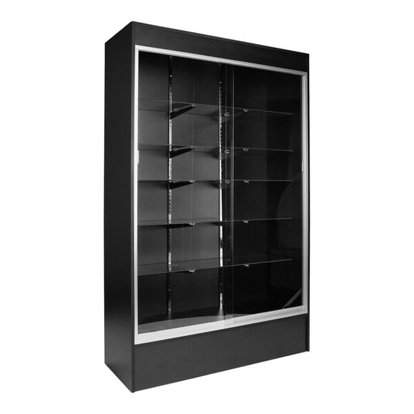 A black melamine display showcase with glass shelves.