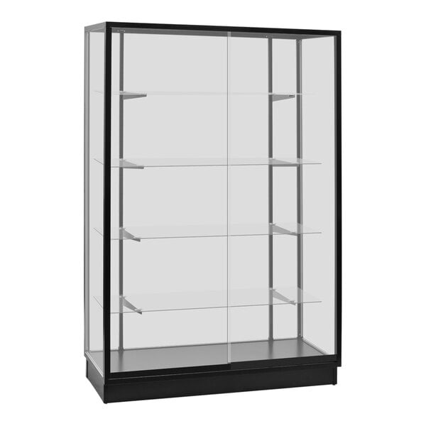 A glass display showcase with black aluminum frame and sliding doors.