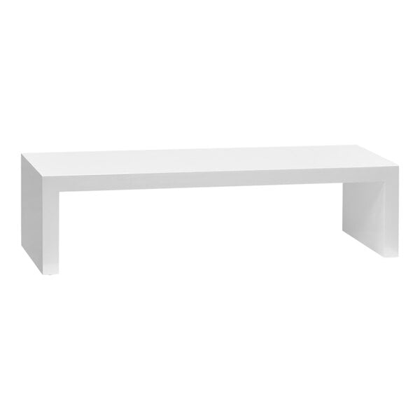 A white rectangular table with a shelf on top.