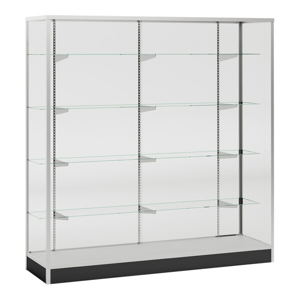 A 70" x 20" x 72" glass display showcase with glass shelves.