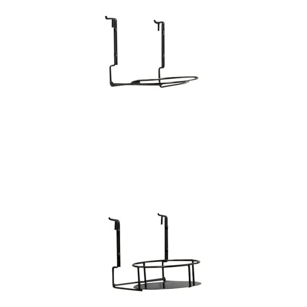 A black 2-piece steel vertical display rack with hooks.