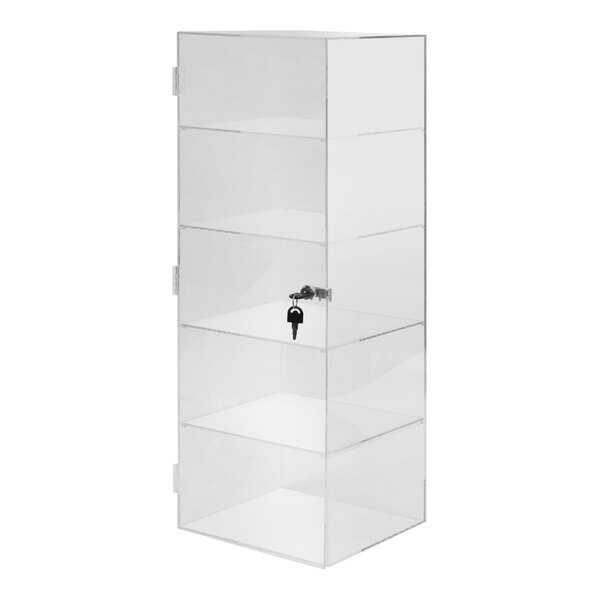 A 10 1/2" x 10" x 30" clear acrylic 5-shelf locking countertop display case with a key lock.