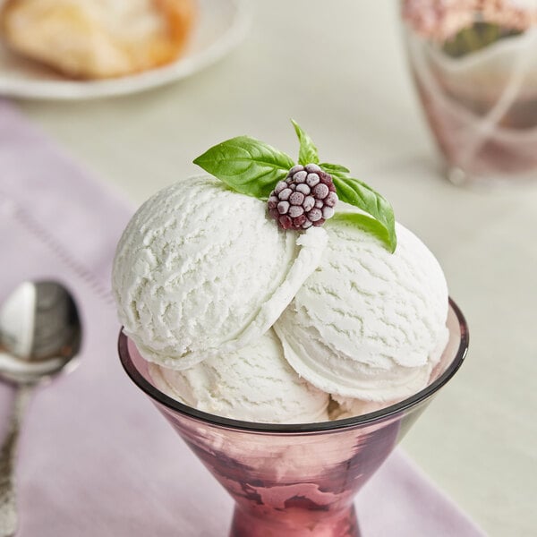 A bowl of Lloyd's of Pennsylvania black raspberry hard serve ice cream with a blackberry on top.