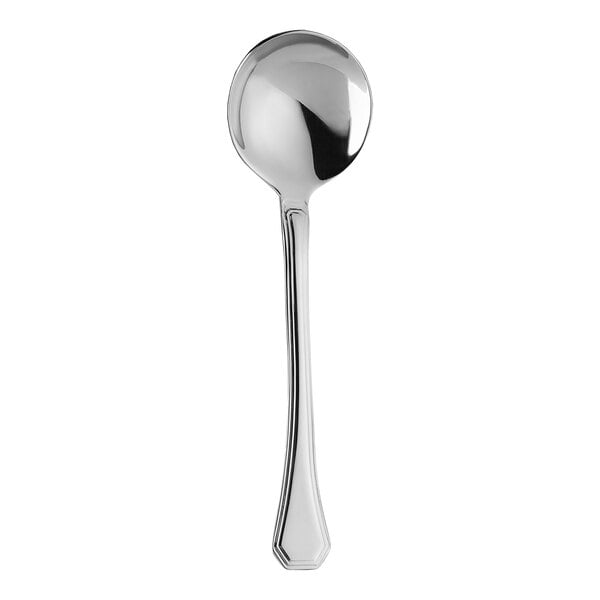 A close-up of a WNK Deluxe stainless steel round bowl soup spoon with a long handle.