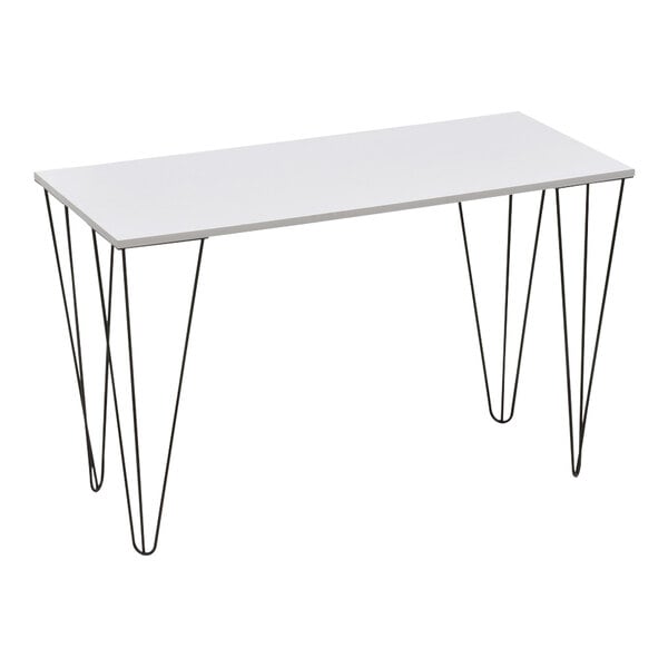 A rectangular display table with a white melamine top and black hairpin legs.
