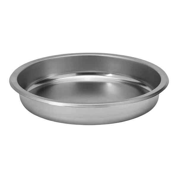 A close-up of a silver Rosseto round stainless steel pan with a lid.