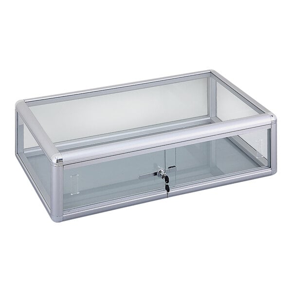 A clear glass countertop display case with a lock and aluminum frame.