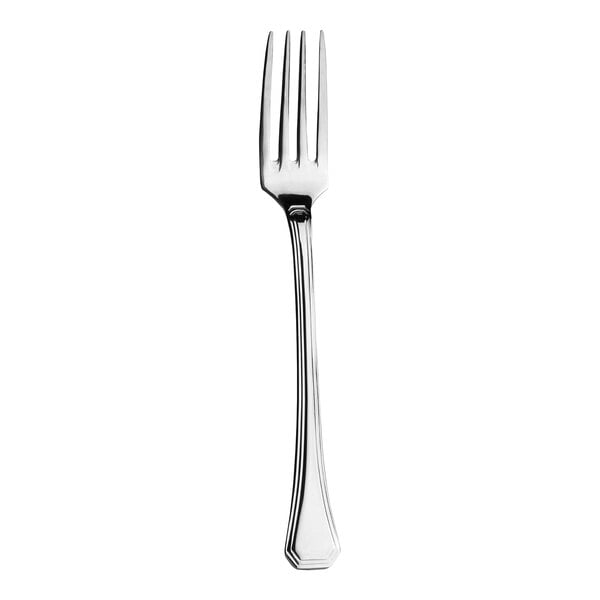 A close-up of a 18/10 stainless steel WNK Deluxe dinner fork with a silver handle.