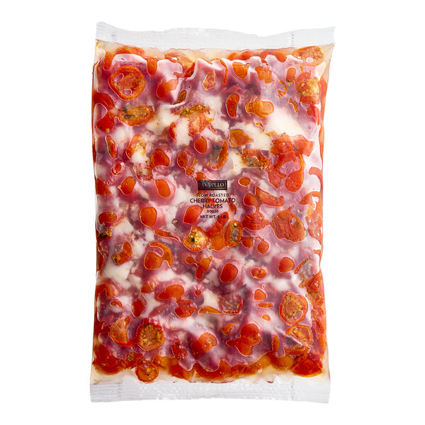 A plastic bag of Sevillo Fine Foods Slow Roasted Cherry Tomato Halves.