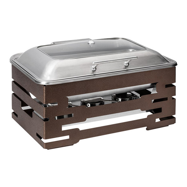 A Rosseto stainless steel chafer with a soft closing lid on a bronze stand.
