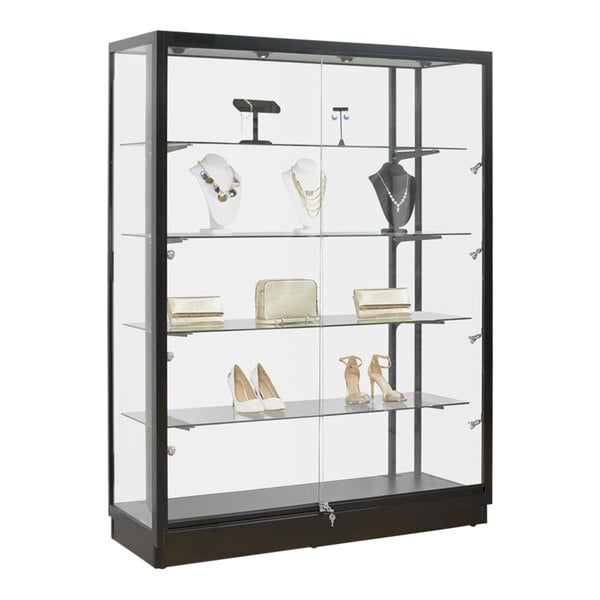 A 48" x 20" x 72" glass display showcase with jewelry and accessories on glass shelves.